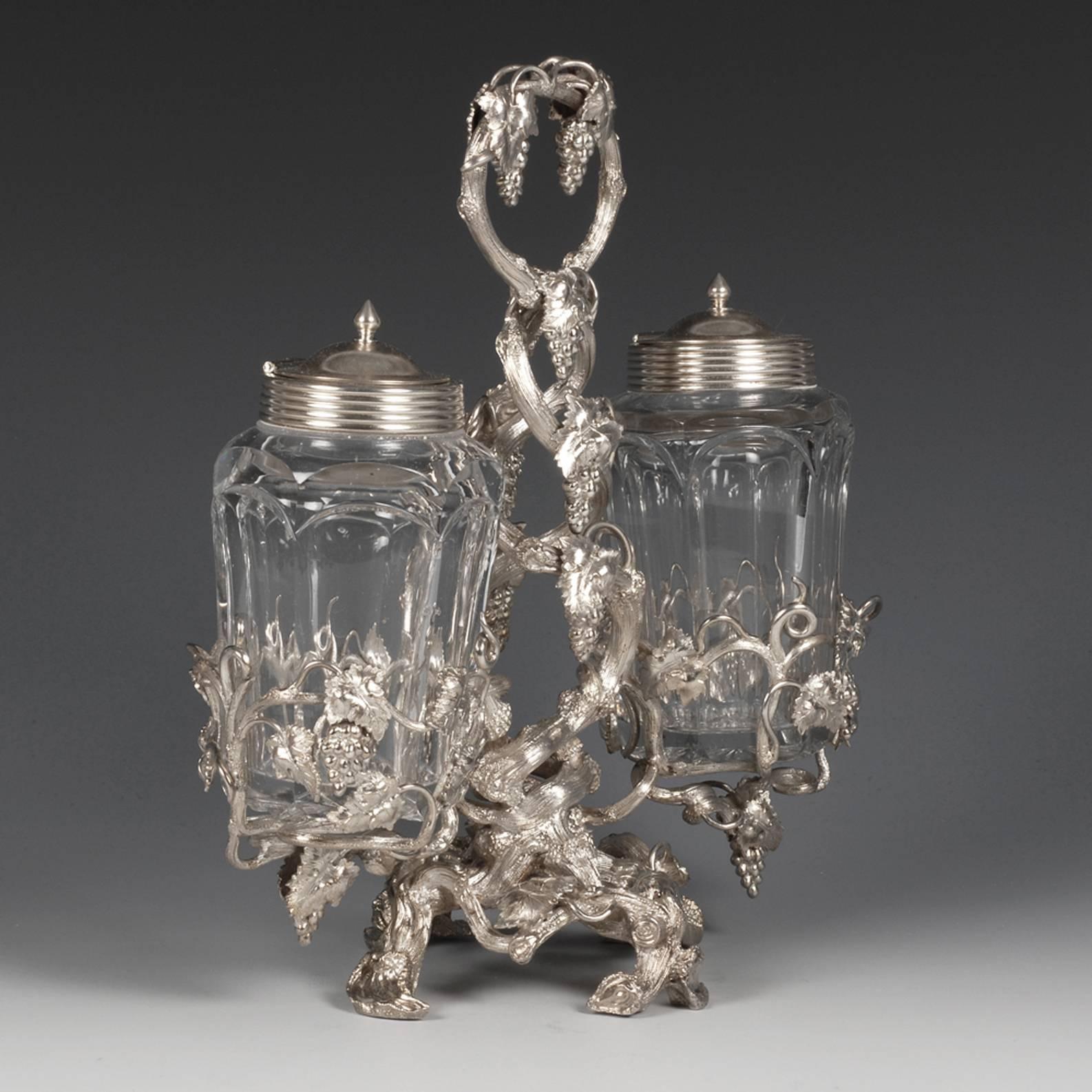 Women's or Men's Russian Antique Silver-Mounted Cut-Glass Condiment Set with Grape Vine Mounts