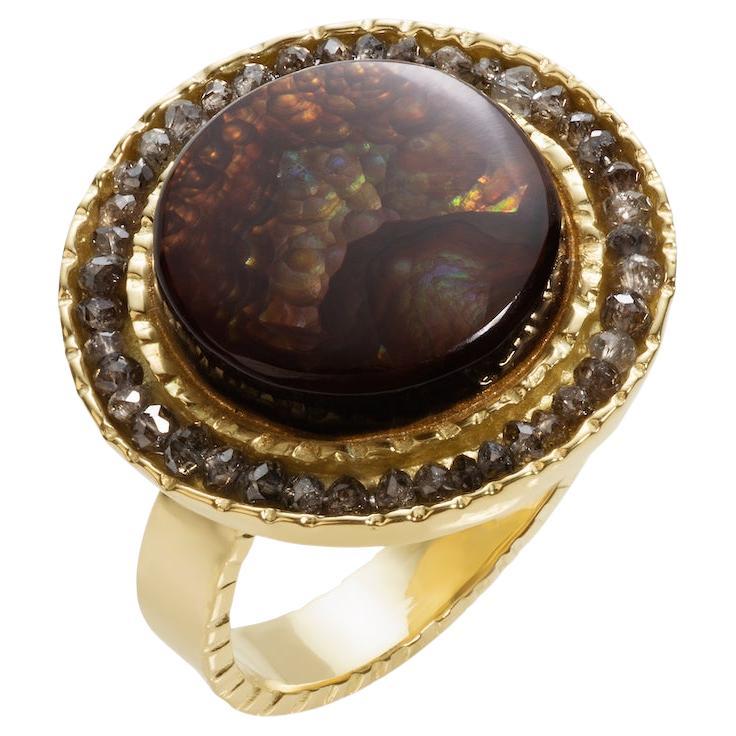 18K Fire Agate '9.5 CTW' and Brown Diamonds Circle Ring For Sale