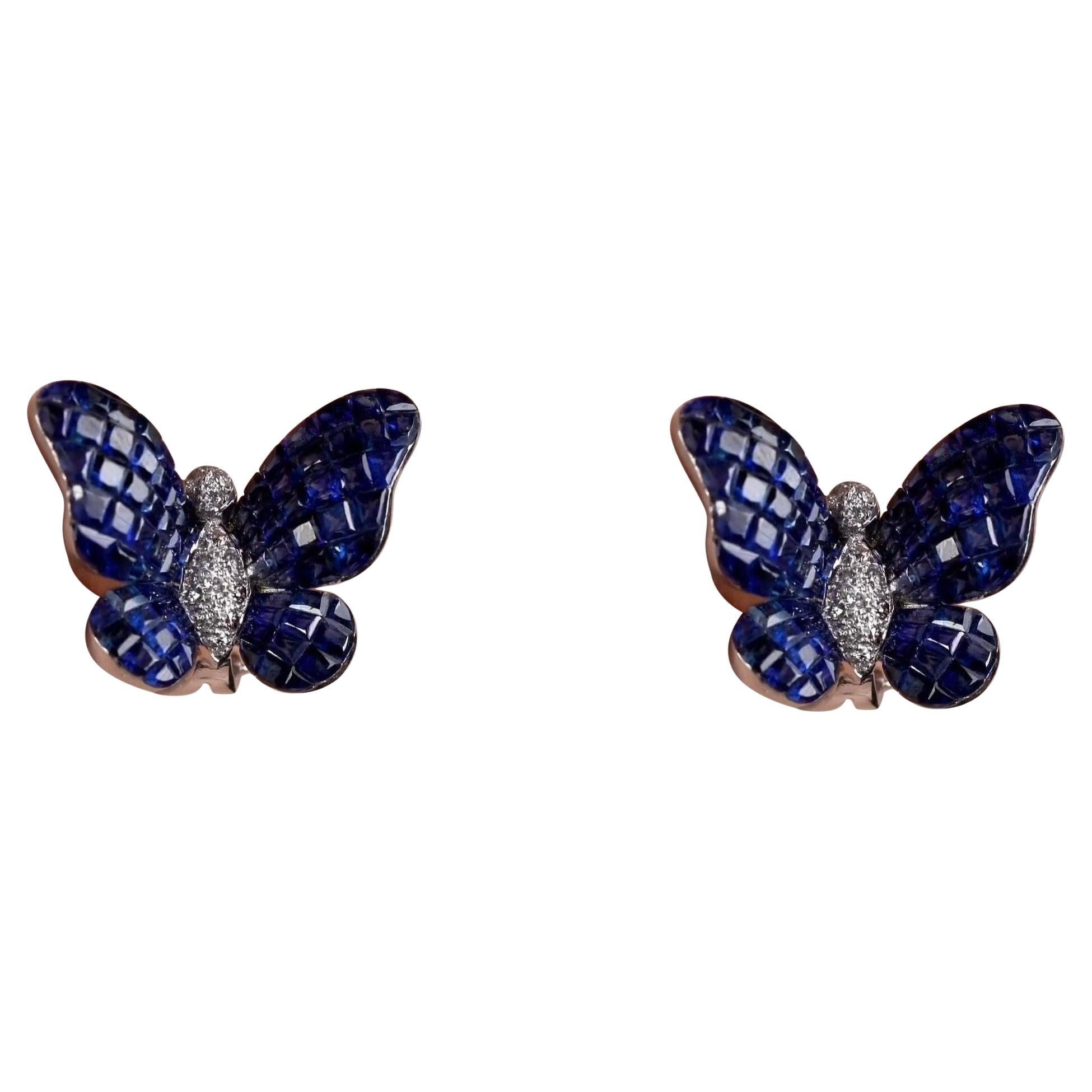 NEU $21, 000 18KT Gold Seltene wunderschöne blaue Saphir-Diamant-Schmetterlingsohrringe, selten, selten im Angebot