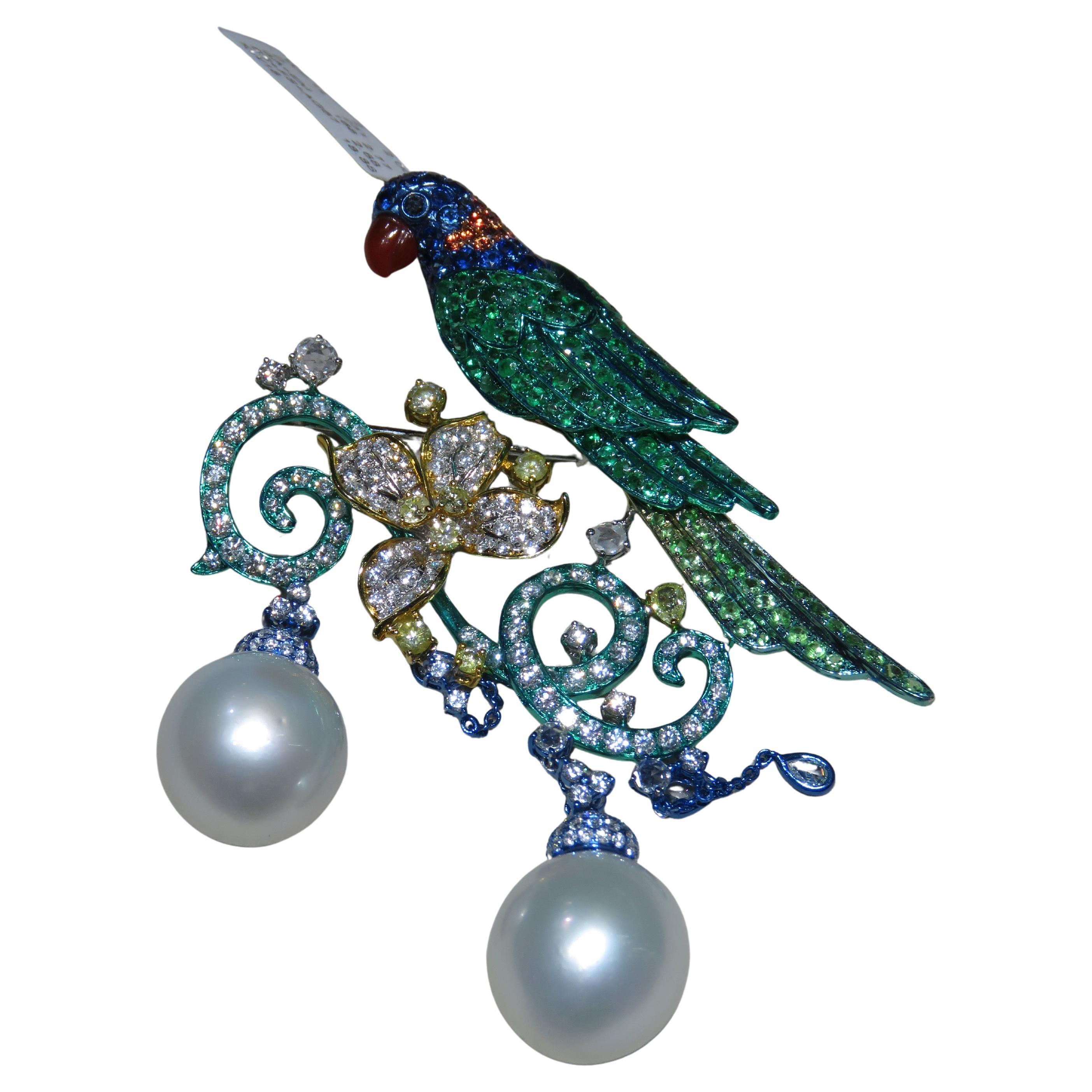 NWT $40, 000 18KT South Sea Pearl Fancy Parrot Diamond Sapphire Emerald Brooch For Sale