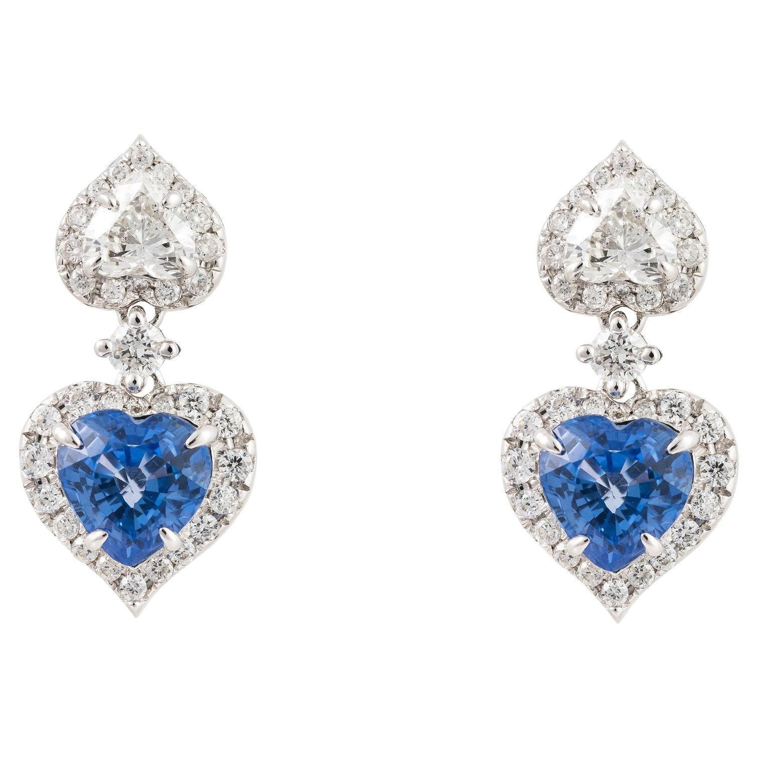 NWT $8, 500 18KT Fancy Glittering Blue Sapphire Heart Diamond Dangle Earrings