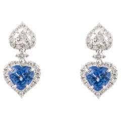 NWT $8, 500 18KT Fancy Glittering Blue Sapphire Heart Diamond Dangle Earrings