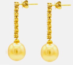NWT $15, 000 Important 18KT South Sea Large Gold Pearl Diamond Dangle Earrings