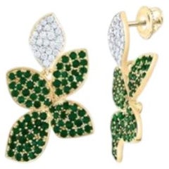 NWT $5, 500 Gold Glittering 14KT Fancy Green Emerald Leaf Diamond Earrings