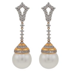 NWT $14, 000 Important 18KT South Sea Large Pearl Diamond Dangle Earrings