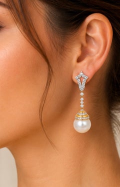 NWT $14, 000 Important 18KT South Sea Large Pearl Diamond Dangle Earrings