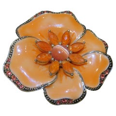 Rare Estate 18KT Plate Glittering 1980s Orange Flower Cats Eye Enamel Brooch Pin