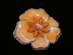 Rare Estate 18KT Plate Glittering 1980s Orange Flower Cats Eye Enamel Brooch Pin