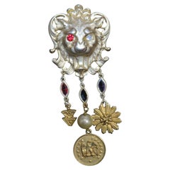 Rare Estate 18KT Gold Plate 1960s Lion Faux Ruby CZ Empire Francais Brooch Pin