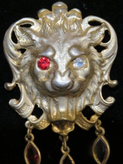 Rare Estate 18KT Gold Plate 1960s Lion Faux Ruby CZ Empire Francais Brooch Pin