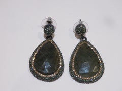 Important Vintage Druzy Silver Sliced Sapphire Gemstone Crystal Dangle Earrings