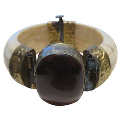 Rare Gorgeous Fancy Vintage Bone Bangle Bracelet with Large Carnelian Center