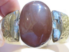 Rare Gorgeous Fancy Vintage Bone Bangle Bracelet with Large Carnelian Center