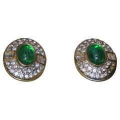 Estate Designer French Style 18KT Overlaid Gold Emerald Color Stone CZ Earrings
