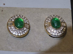 Estate Designer French Style 18KT Overlaid Gold Emerald Color Stone CZ Earrings