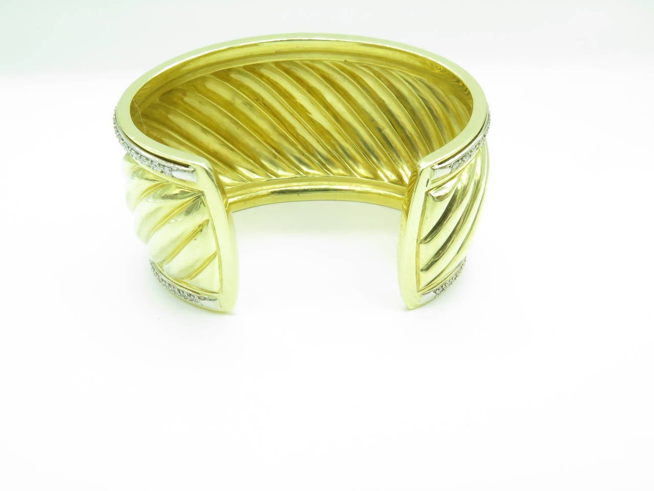 David Yurman Carved Cable Diamond Gold Cuff Bracelet For Sale 1