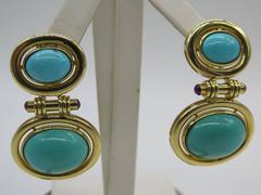 Gorgeous Cabochon Turquoise Ruby Gold Dangle Earrings