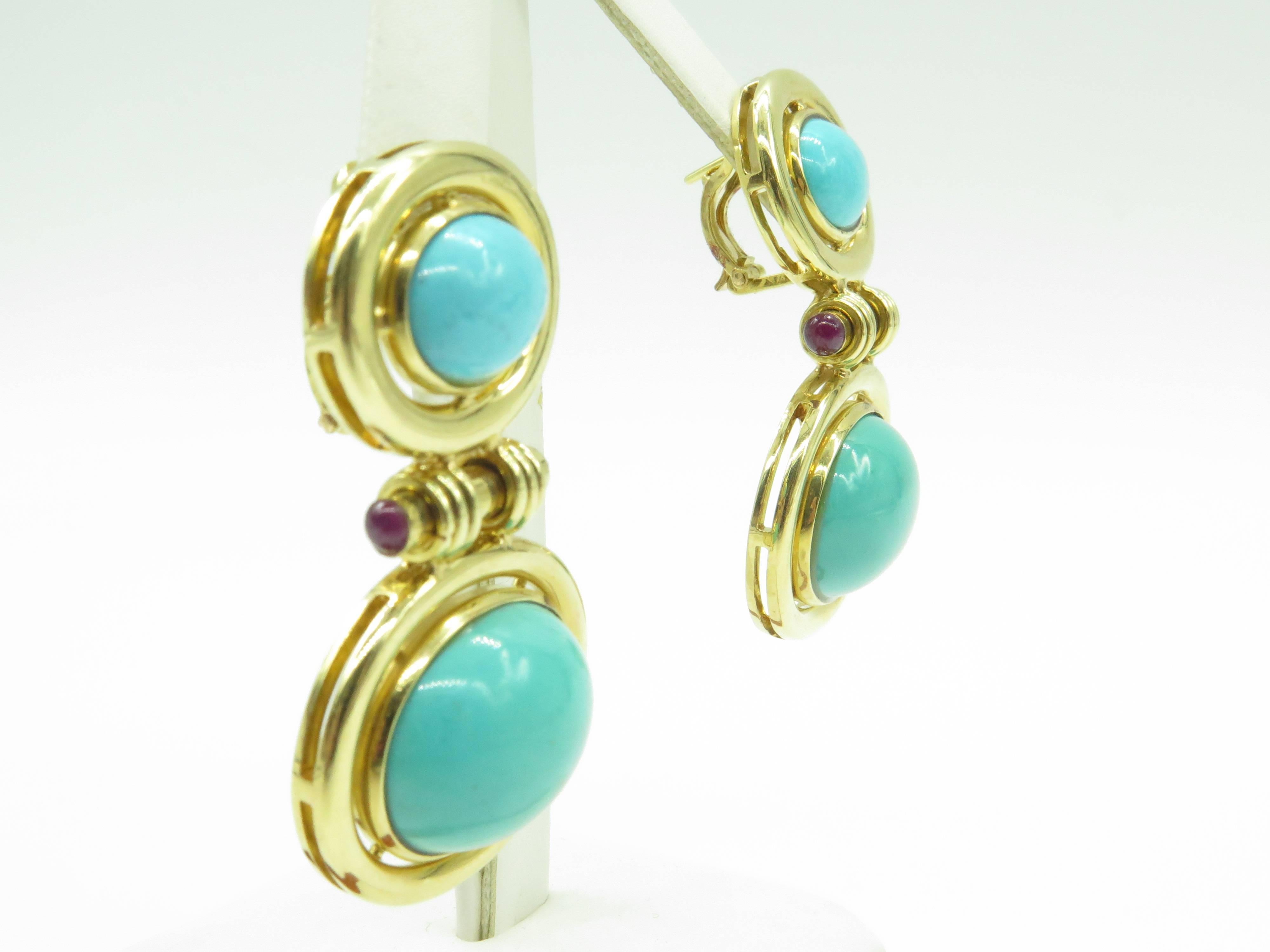 Art Deco Gorgeous Cabochon Turquoise Ruby Gold Dangle Earrings For Sale