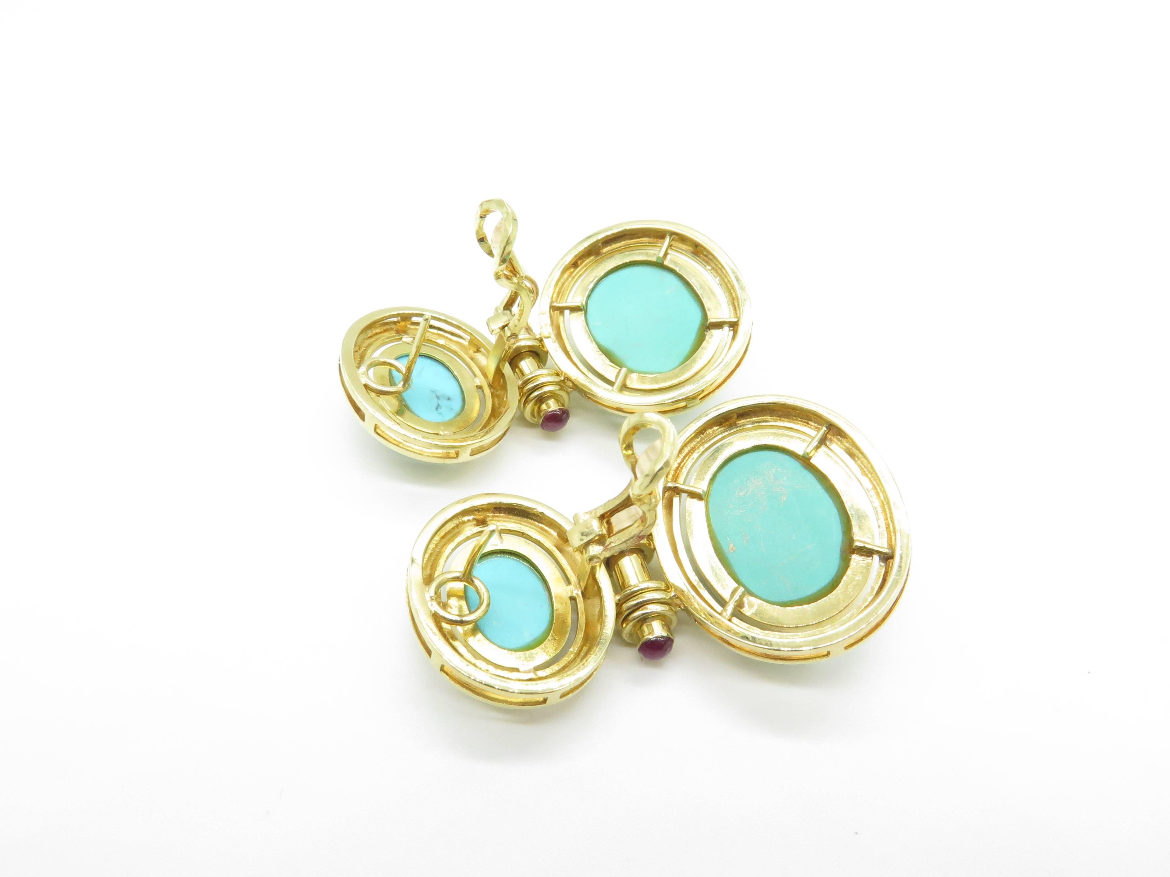 Women's Gorgeous Cabochon Turquoise Ruby Gold Dangle Earrings For Sale