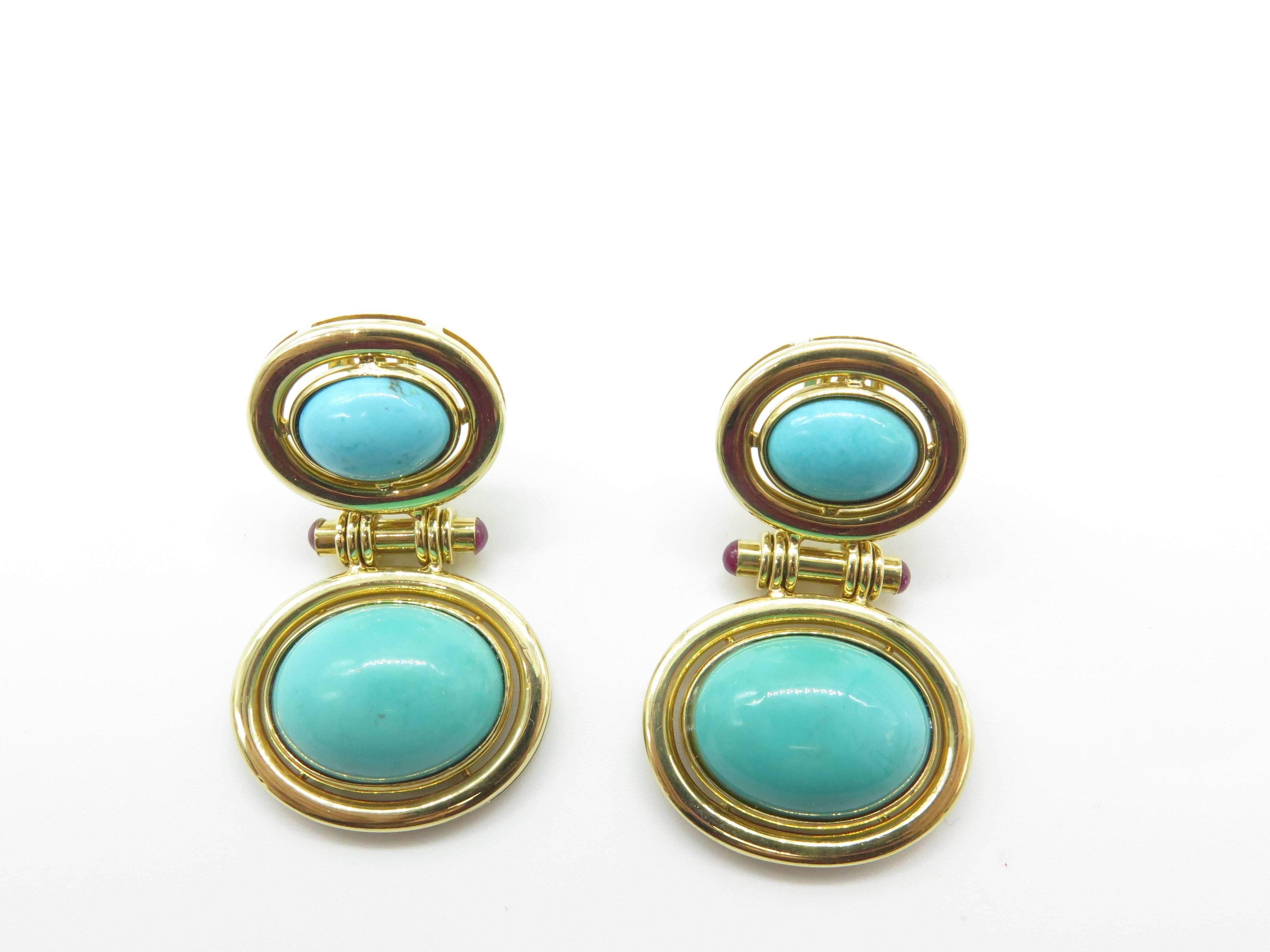 Gorgeous Cabochon Turquoise Ruby Gold Dangle Earrings For Sale 1