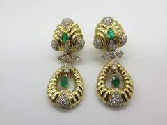 1950'S Emerald Diamond Gold Drop Earrings