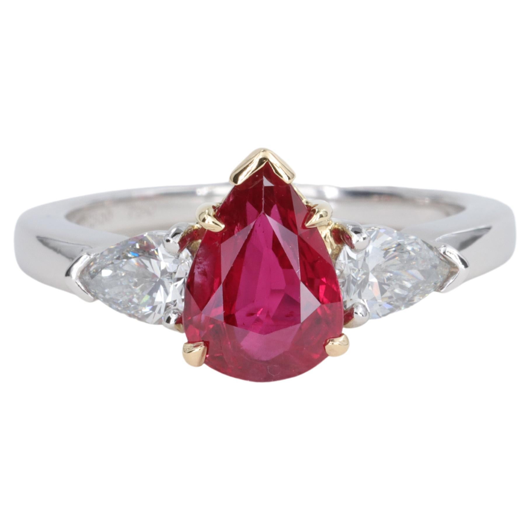 Ruby and Diamond Pear Shape GIA 3 Stone Ring in Platinum and Yellow Gold For Sale