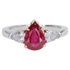 Ruby and Diamond Pear Shape GIA 3 Stone Ring in Platinum and Yellow Gold
