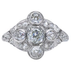 Art Deco Faint Yellow-Green Old Mine Cut Diamond Platinum Ring