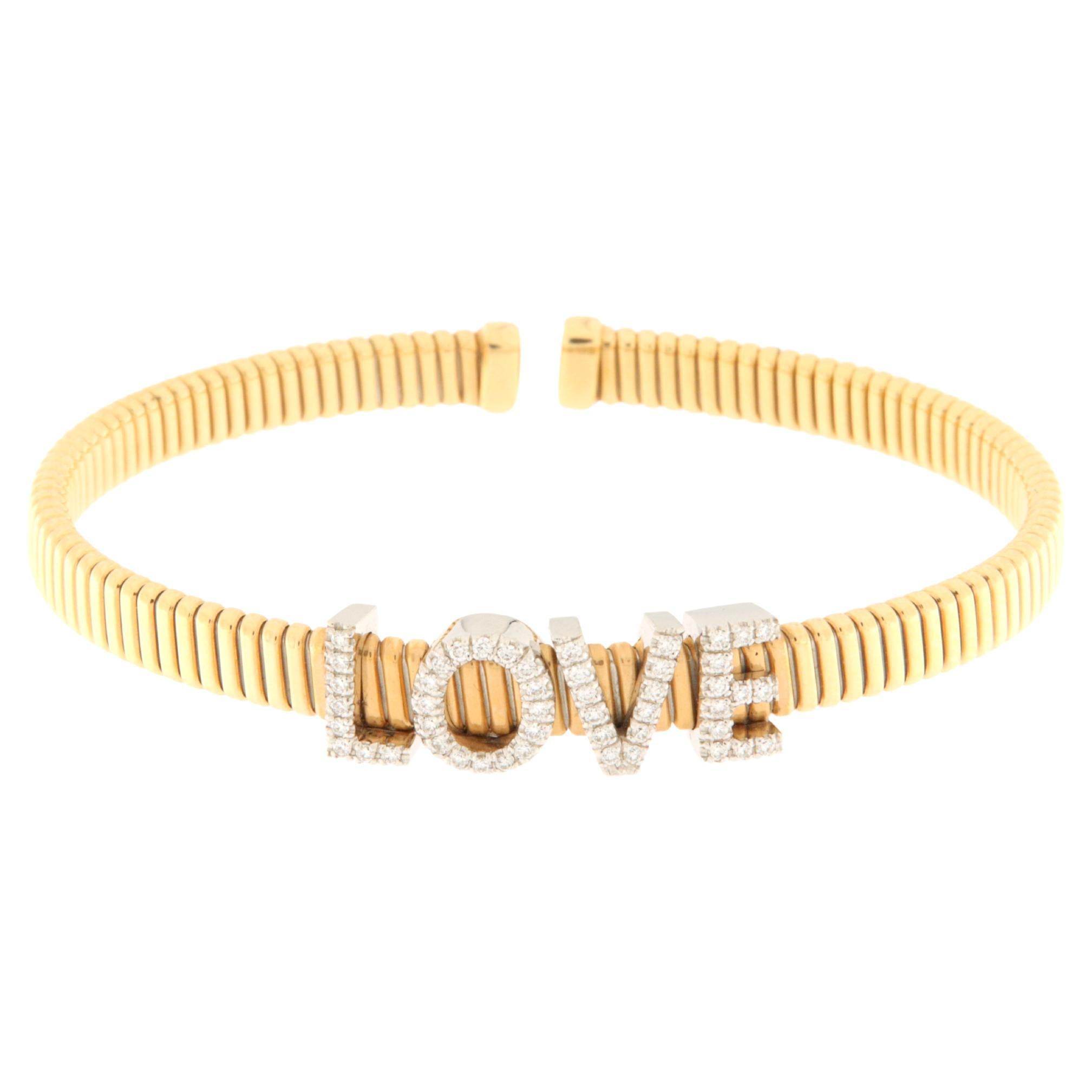 18 K Yellow Gold Semi-Rigid Bracelet with LOVE Writing in Diamonds Ct.0.30 For Sale