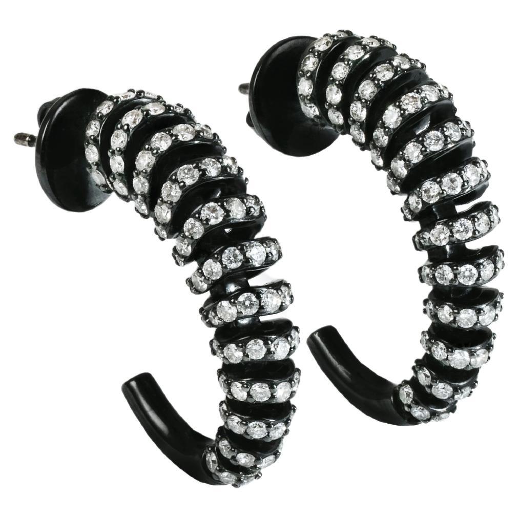 18K Gold Earrings, Ruthenium Plating Earrings with White Diamonds 1.78 Ct. For Sale