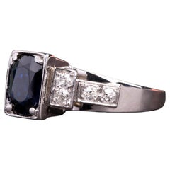 French Antique Art Deco 2ct Emerald Cut Sapphire and Diamond Platinum Ring