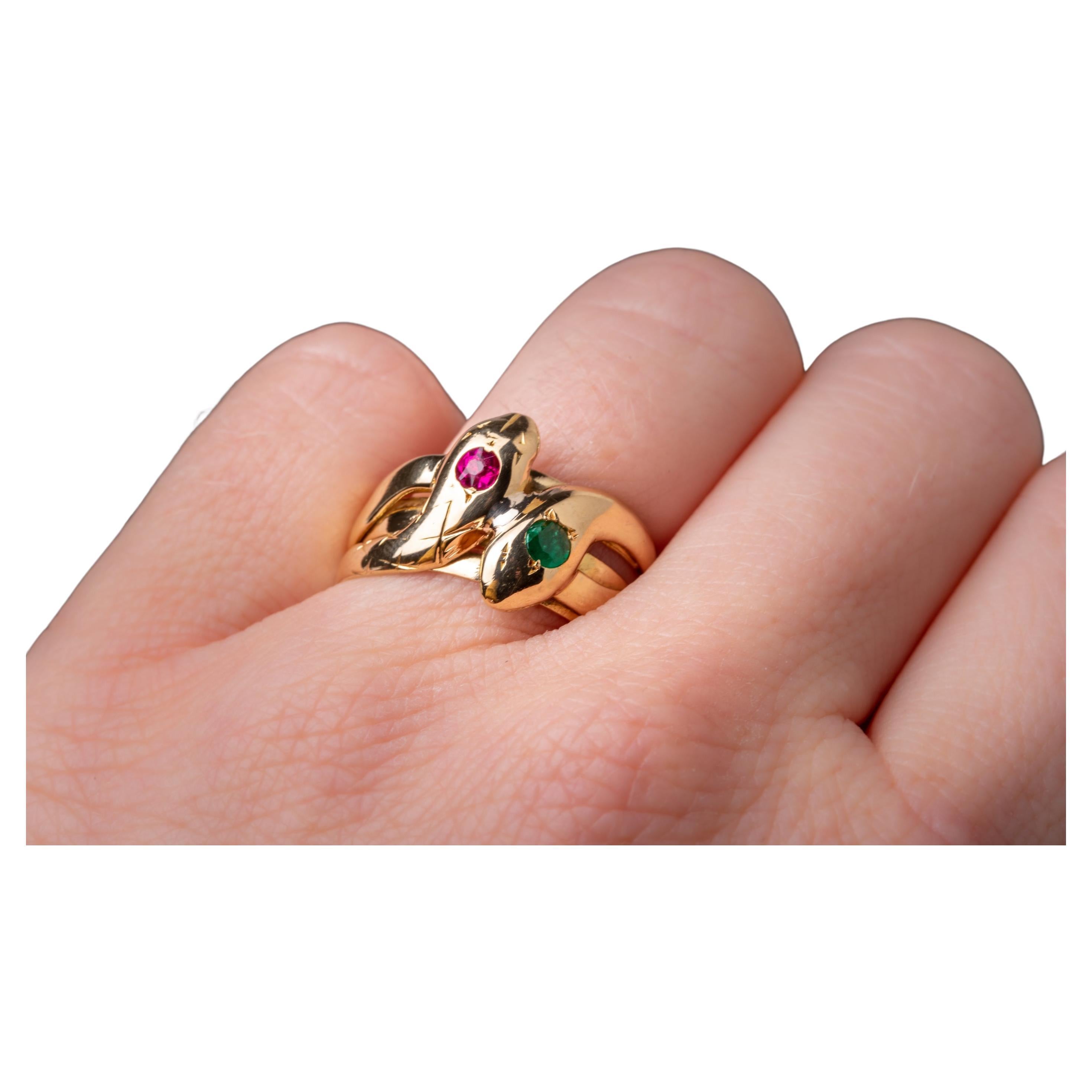Antique Edwardian Emerald Snake Ring Double Headed Gold Ruby Snake Ring 1900s