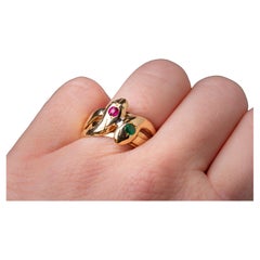 Antique Edwardian Ruby and Green Garnet Snake Ring Double Headed Gold Snake Ring
