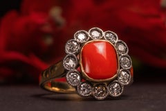 Vintage Coral Diamond Halo Ring, Statement Coral and Diamond 18KT Gold Ring