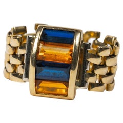 Vintage 14k Gold Chain Orange and Blue Sapphire Tank Chain Ring