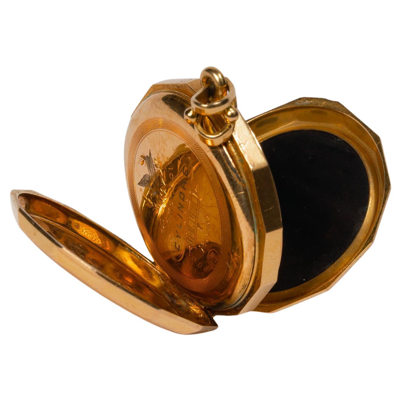 18K Antique Victorian Onyx Mourning Locket, Remontoir Watch Gold Bird Locket