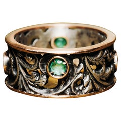 Vintage Artisan Emerald Ring, Vintage Wide Rose Gold Band, Vintage Emerald Band