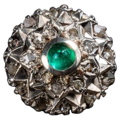 Vintage Gold Bombe Emerald and Diamond Ring 1960, Cocktail Diamond Emerald Ring