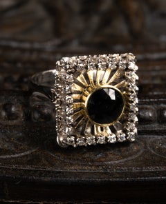 Vintage Square Sapphire and Diamond Ring, Square Sapphire Cocktail Ring