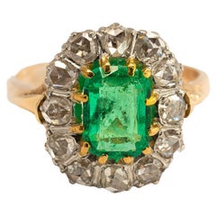 Certified 1.6 Ct Emerald and Rose Cut Diamonds Ring, Victorian Engagement Ring