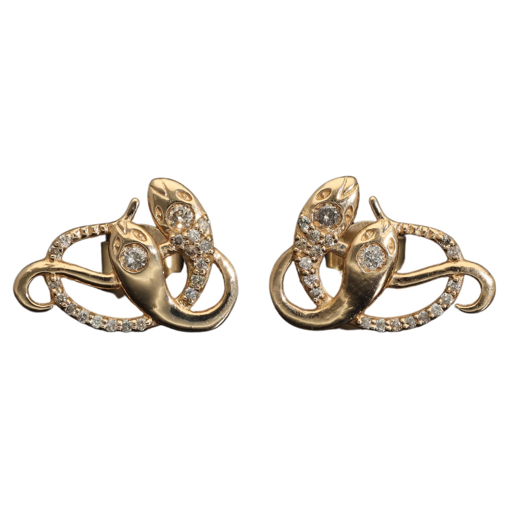 Single Diamond Snake Earring Solid 14k Gold, Victorian Revival Gold Snake Stud For Sale