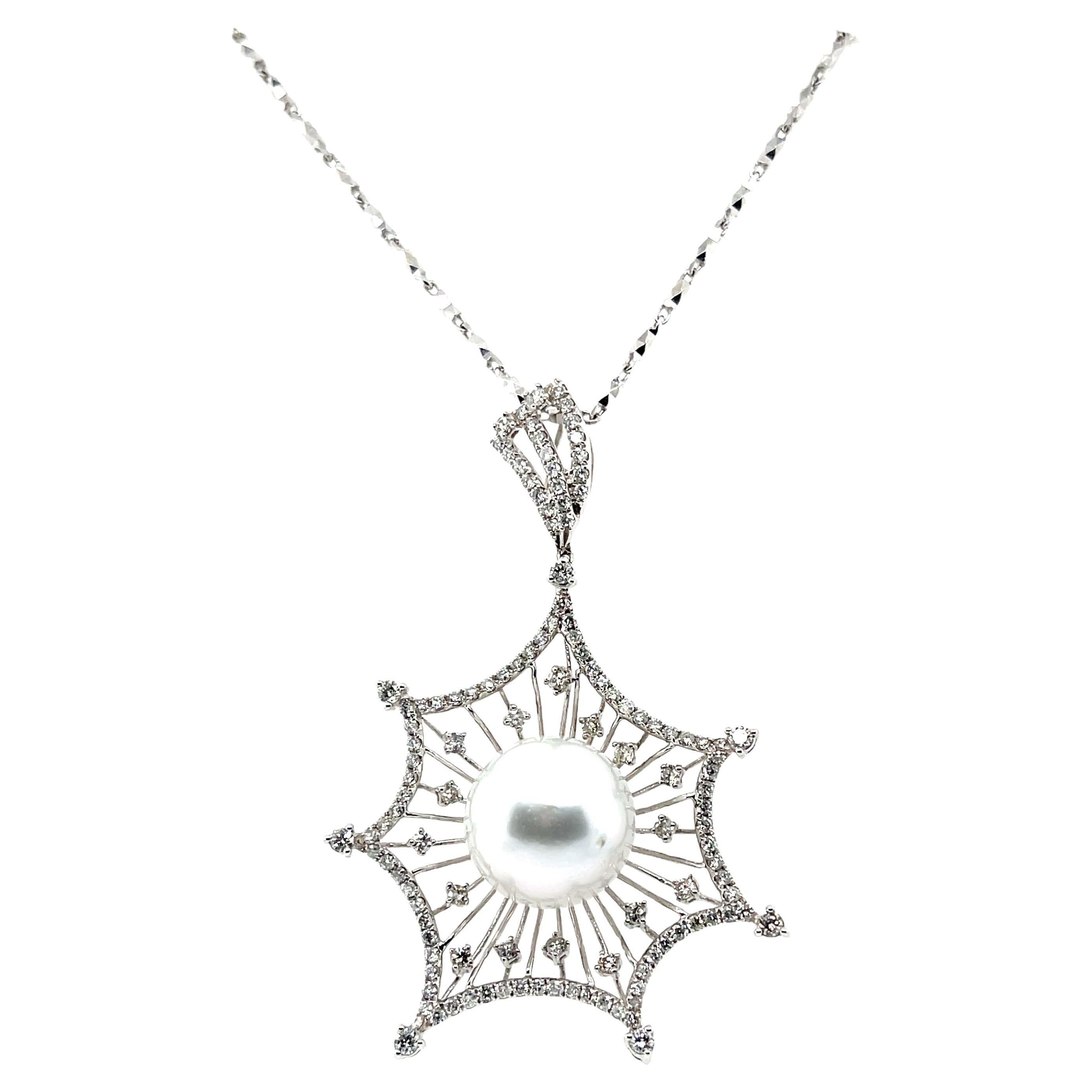 18CT White Gold Diamond and Pearl Necklace and Pendant For Sale