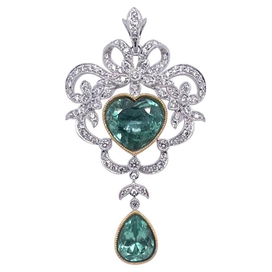 Heart Cut 18CT White Gold Emerald and Diamond Pendant For Sale