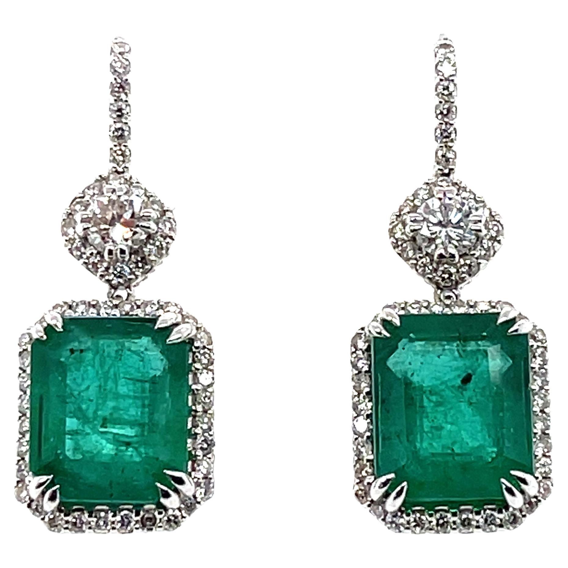 18ct White Gold Emerald and Diamond Earrings For Sale