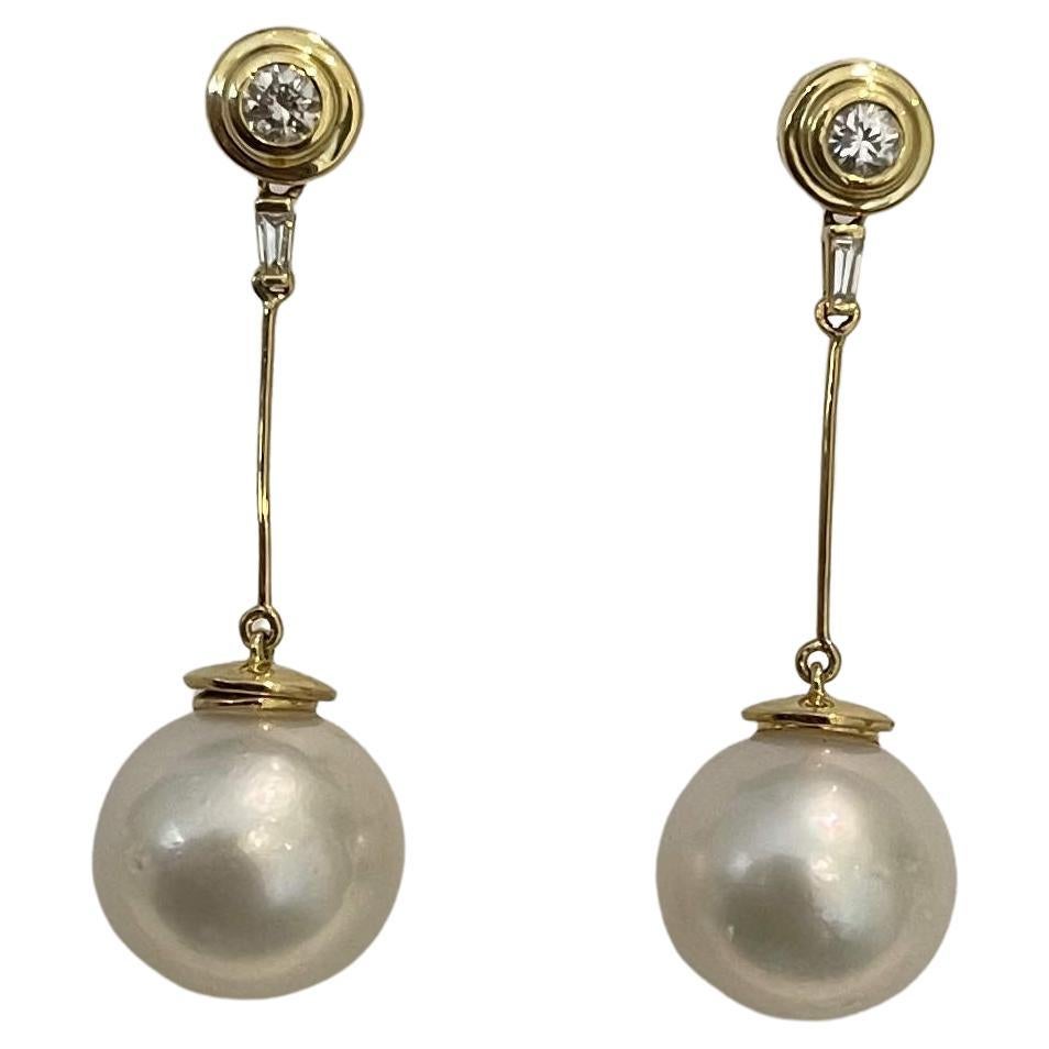 18ct Yellow Gold South Sea Pearl and Diamond Drop Earrings For Sale