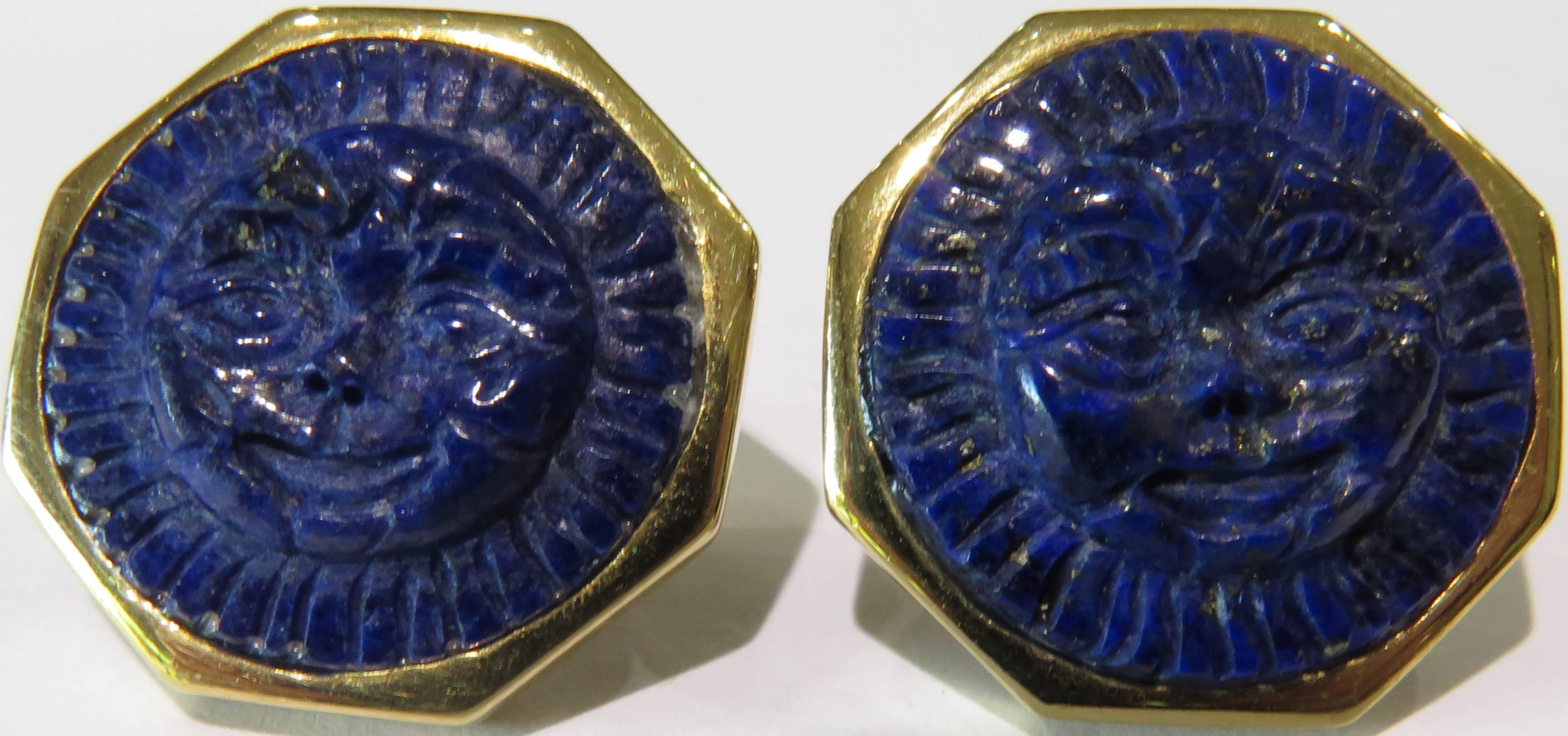 Amazing earrings containing carved Lapis lazuli with pyrite adding a wonderful silver contrast in color. These earrings are 19.2k gold even though I'm listing them as 18k. They have a post backing. They are originally from Portugal.
These earrings