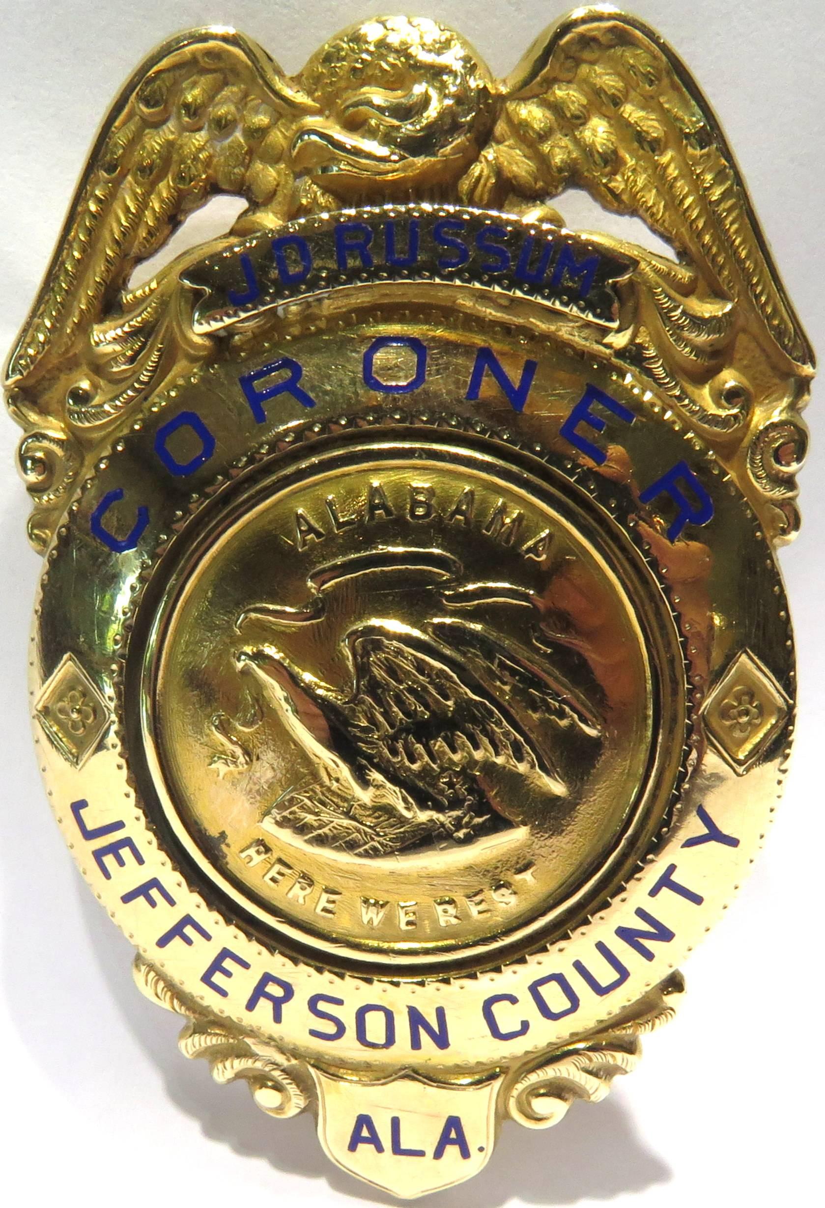 This unique 14k gold Coroner badge has a lot of history. The coroner this badge was presented to, was one of the players involved in the 1921 