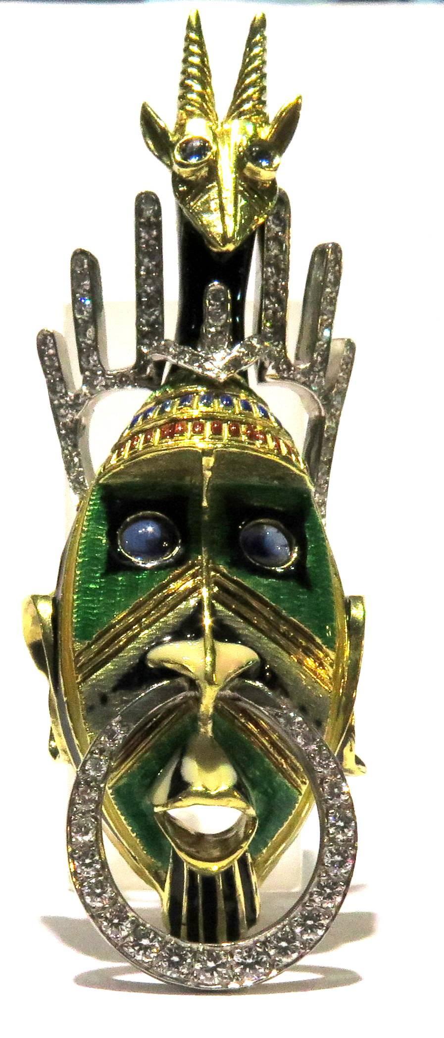 Magnificent Diamond Enamel Sapphire Moveable Tribal Mask Gold Platinum Pin In Excellent Condition In Palm Beach, FL
