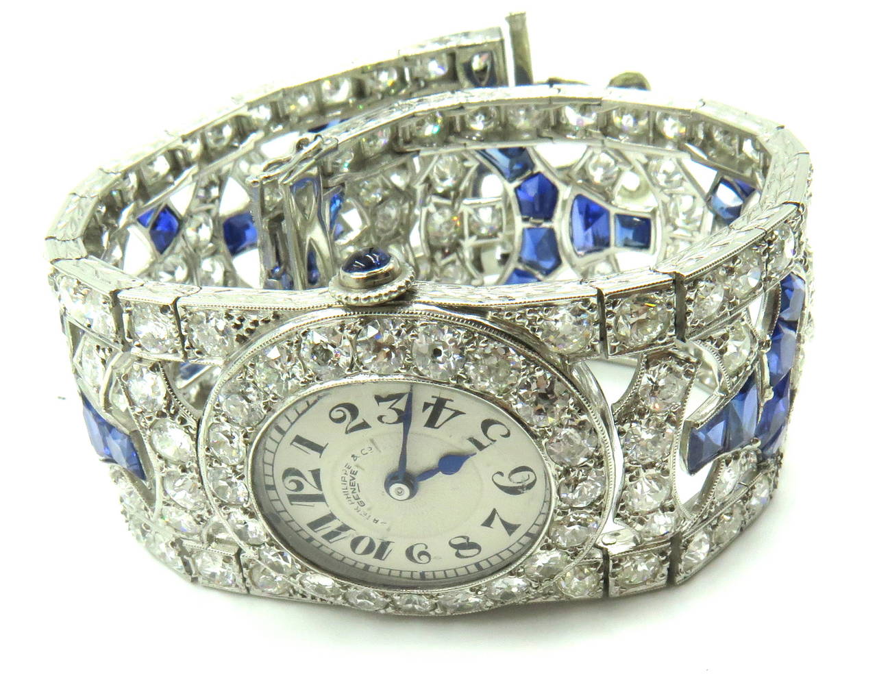 Art Deco Patek Philippe Platinum Diamond Sapphire Bracelet Wristwatch