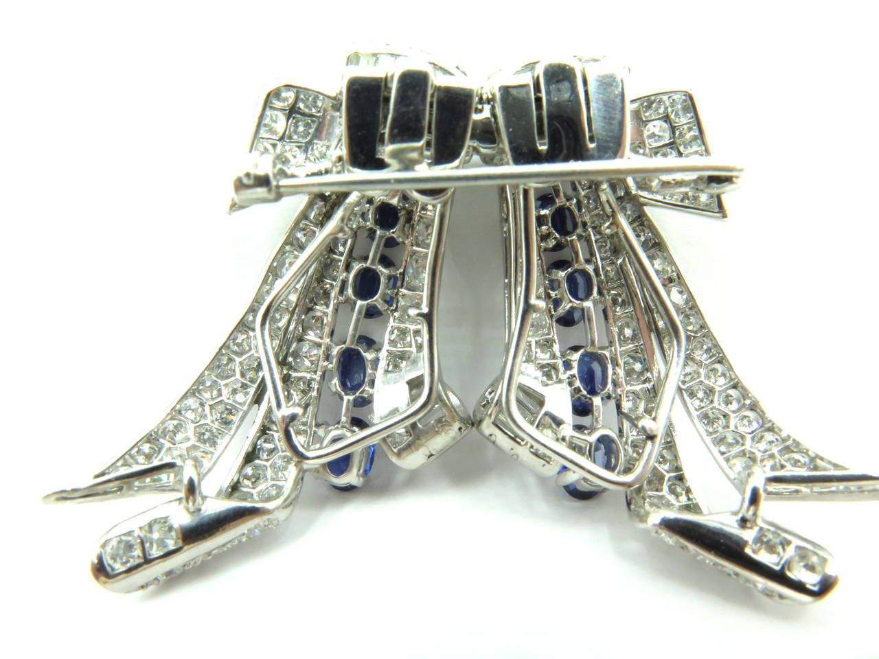 Exquisite 1930s Sapphire Diamond Platinum Double Dress Clip Pin 3